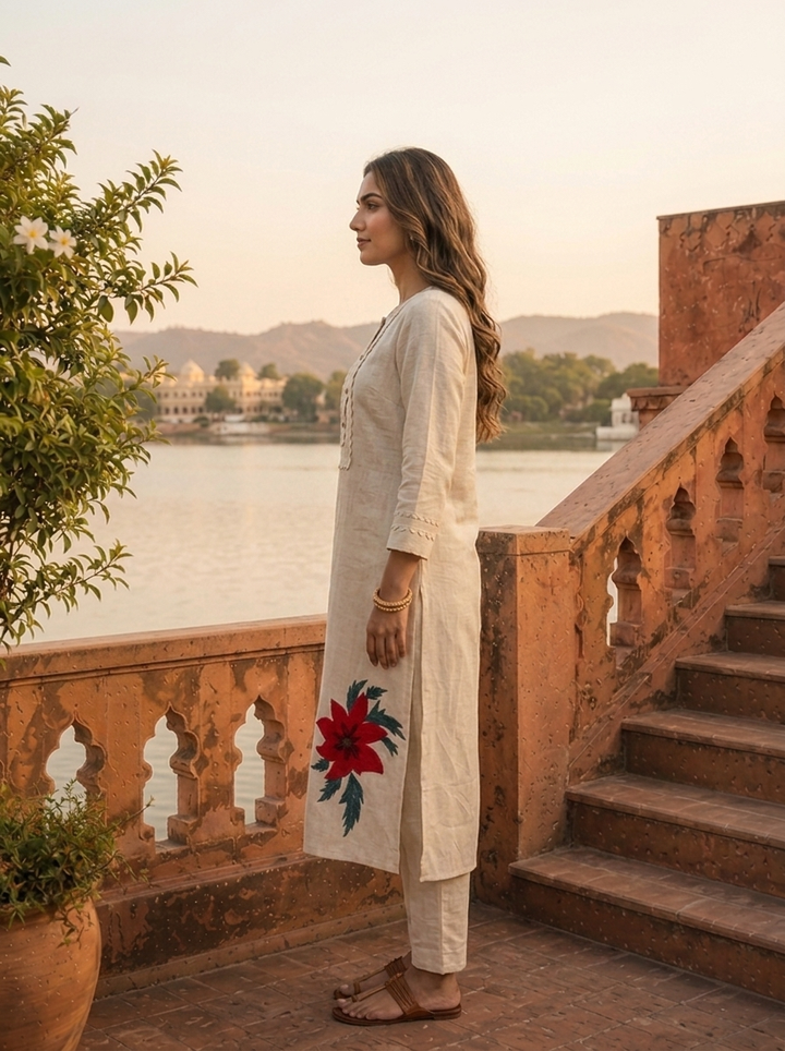 Ivory Red Cotton Poinsettia Embroidered Two Piece Set