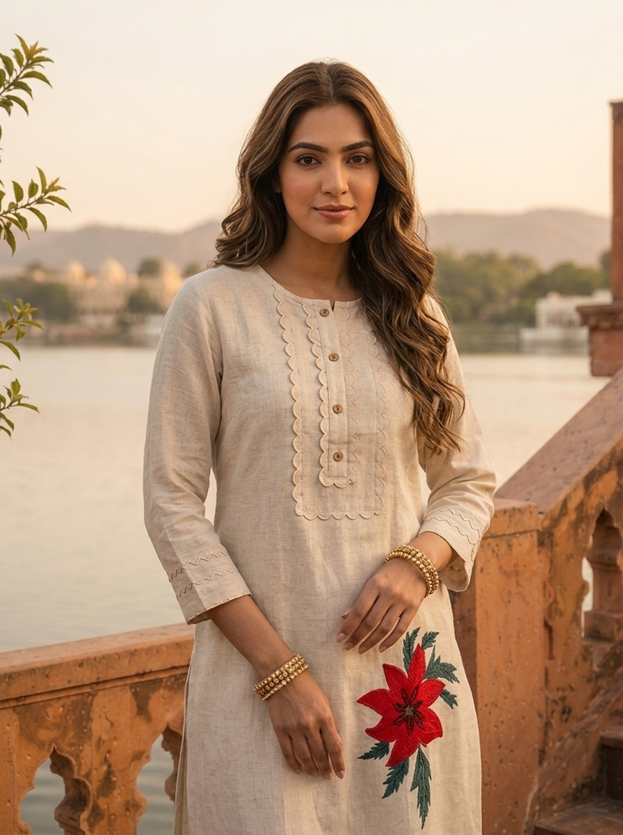 Ivory Red Cotton Poinsettia Embroidered Two Piece Set