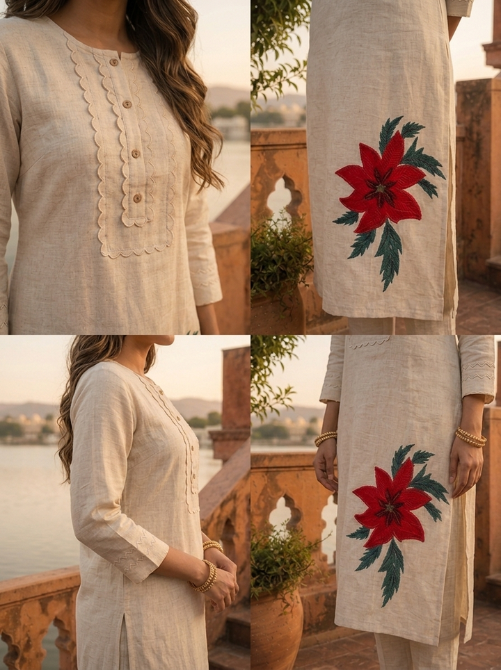 Ivory Red Cotton Poinsettia Embroidered Two Piece Set