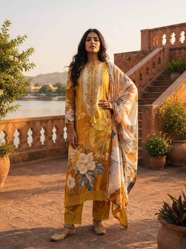 Mustard Rayon Modern Digital Tropical Floral Printed Three Piece Set