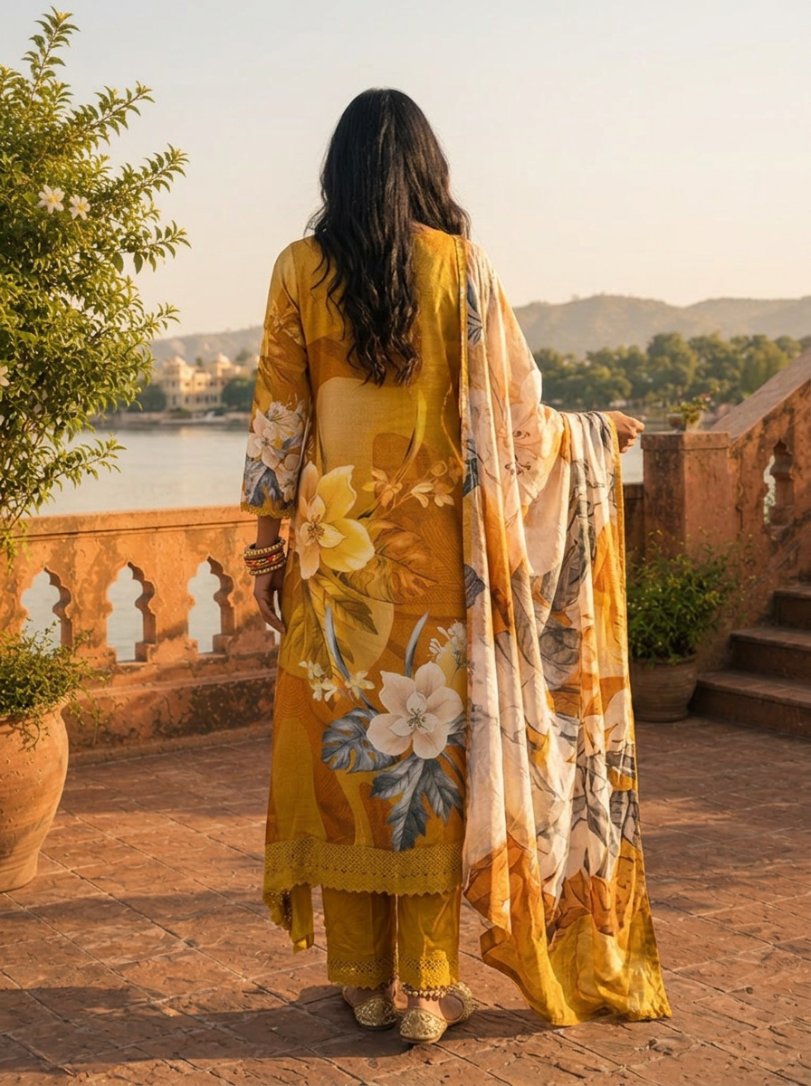 Mustard Rayon Modern Digital Tropical Floral Printed Three Piece Set