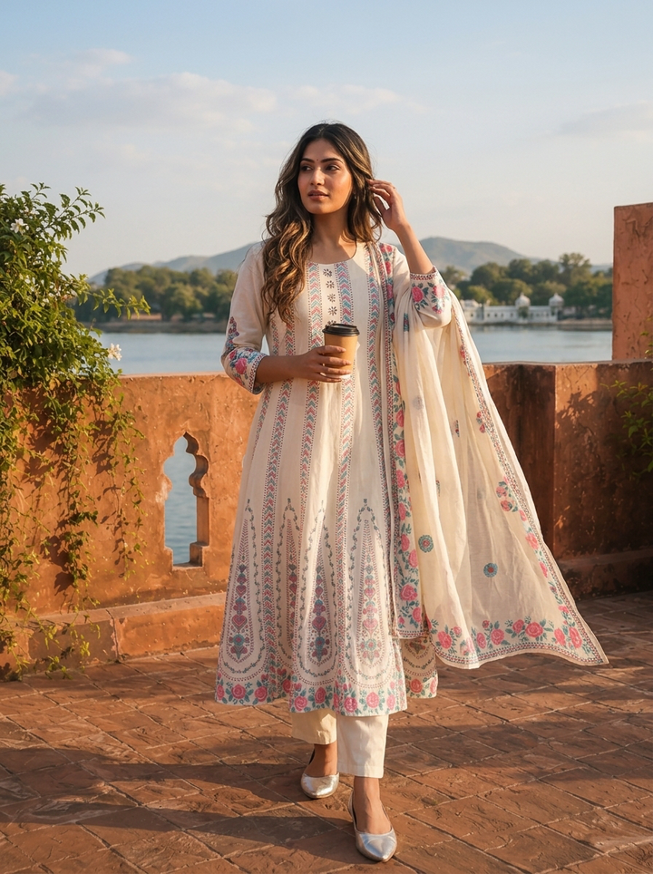 Cream Cotton Arrow Panels Printed Three Piece Set