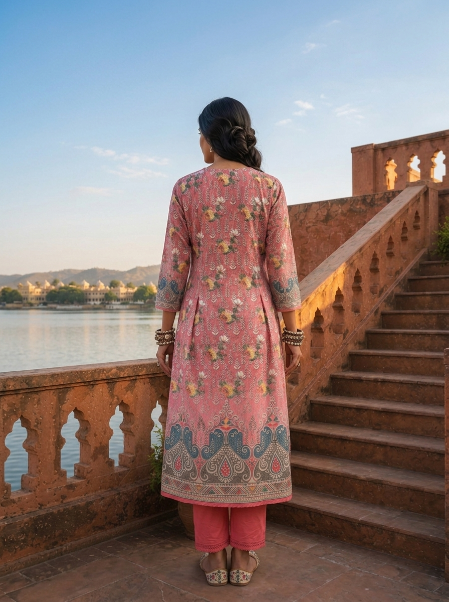 Onion Pink Silk Floral With Paisley Panel Printed Three Piece Set