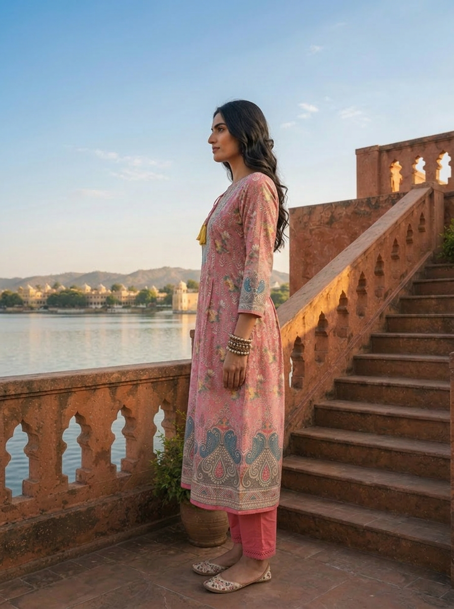 Onion Pink Silk Floral With Paisley Panel Printed Three Piece Set