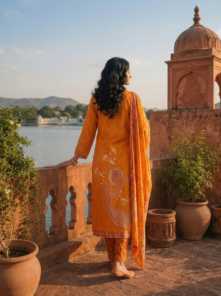 Gold Rayon Paisley Floral Printed Three Piece Set