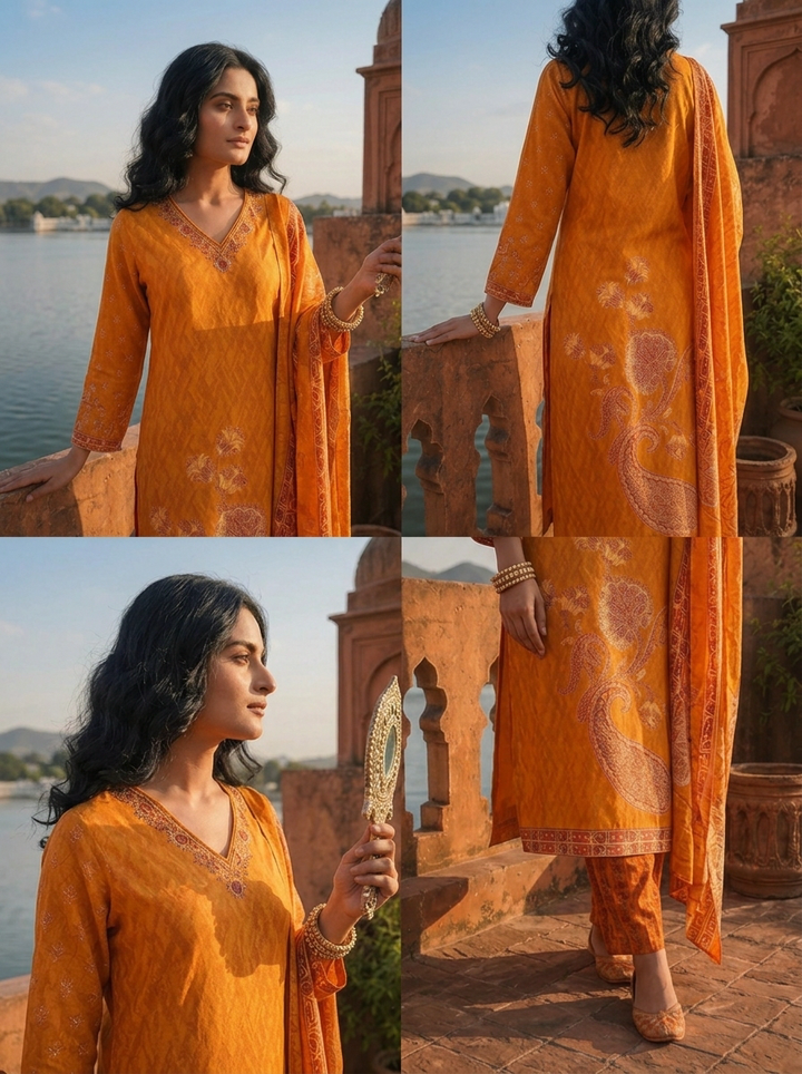 Gold Rayon Paisley Floral Printed Three Piece Set