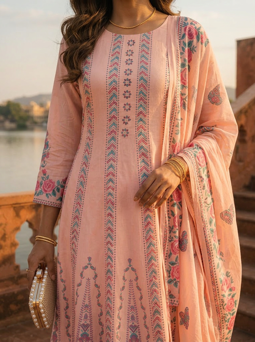 Baby Pink Cotton Arrow Panels Printed Three Piece Set