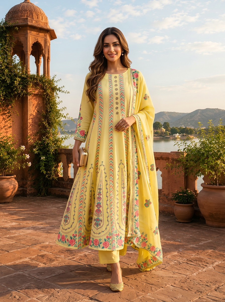 Lemon Cotton Arrow Panels Printed Three Piece Set