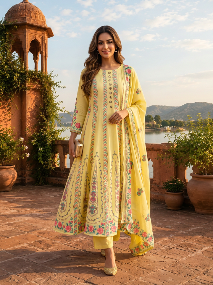 Lemon Cotton Arrow Panels Printed Three Piece Set
