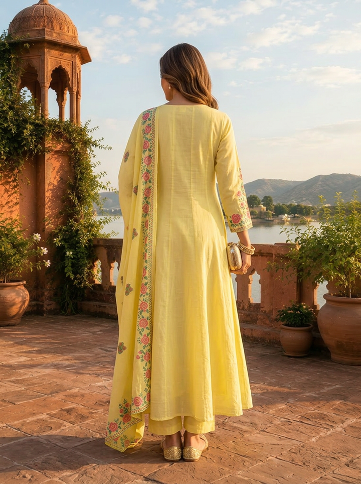 Lemon Cotton Arrow Panels Printed Three Piece Set