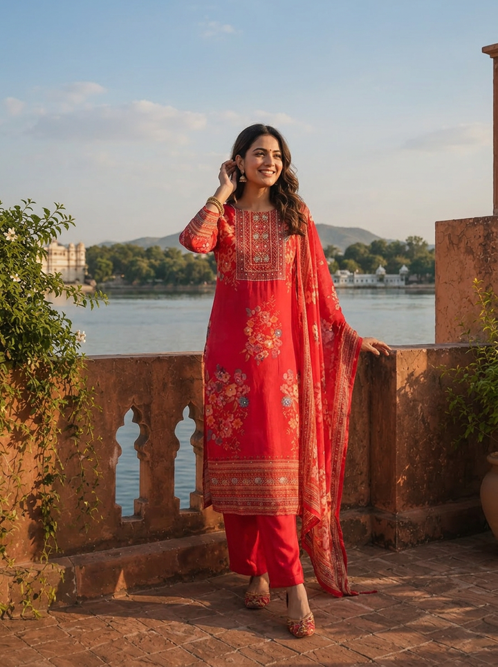 Rani Organza Scattered Floral Bouquet Motifs Printed Three Piece Set