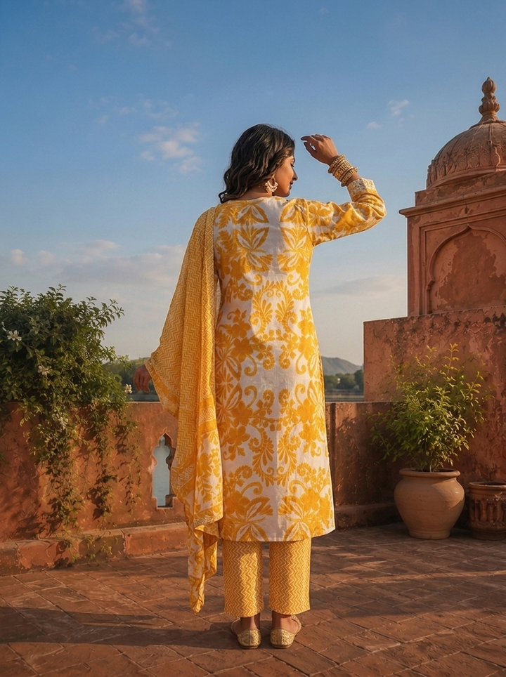 Mustard Cotton Baroque Floral Printed Three Piece Set