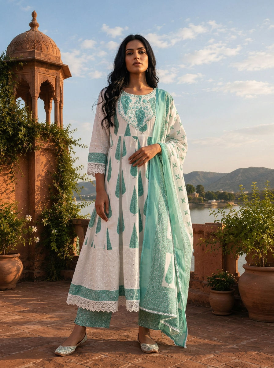 Sea Green Cotton Cypress Tree Motifs Printed Three Piece Set