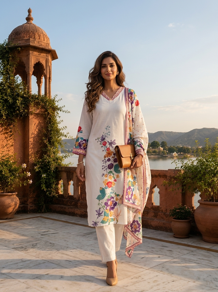 White Cotton Digital Watercolor Printed Three Piece Set