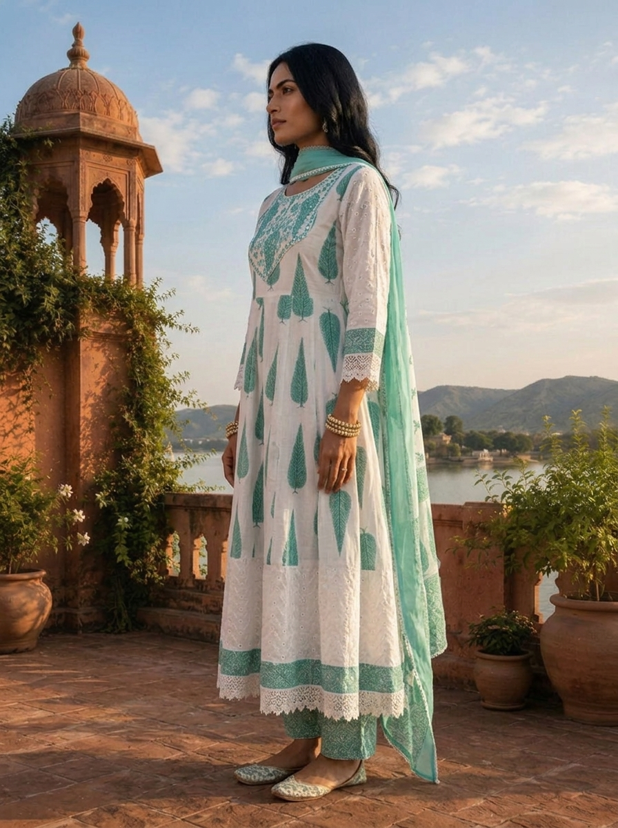 Sea Green Cotton Cypress Tree Motifs Printed Three Piece Set