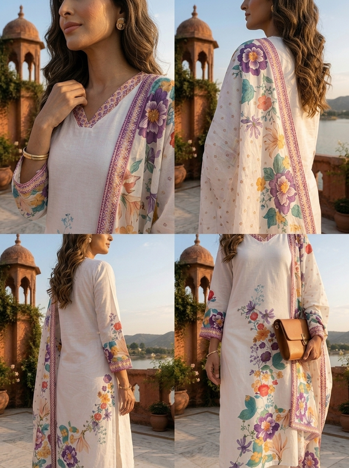 White Cotton Digital Watercolor Printed Three Piece Set