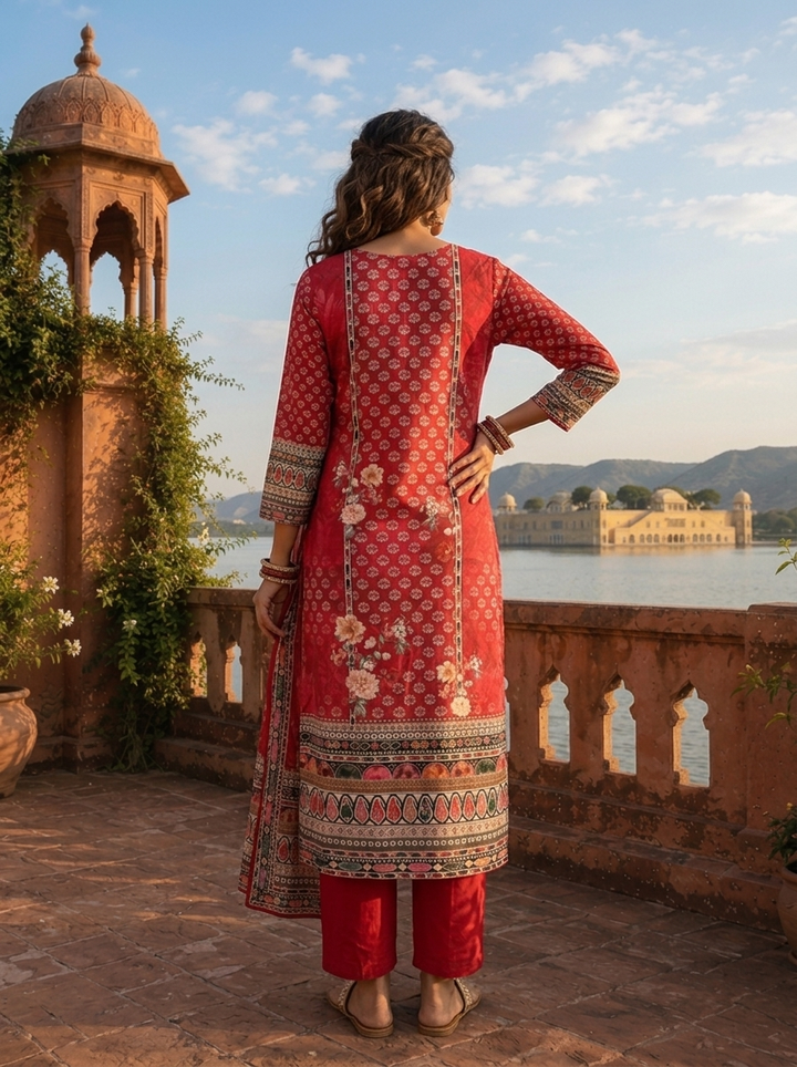 Maroon Silk Digital Ethnic Printed Three Piece Set