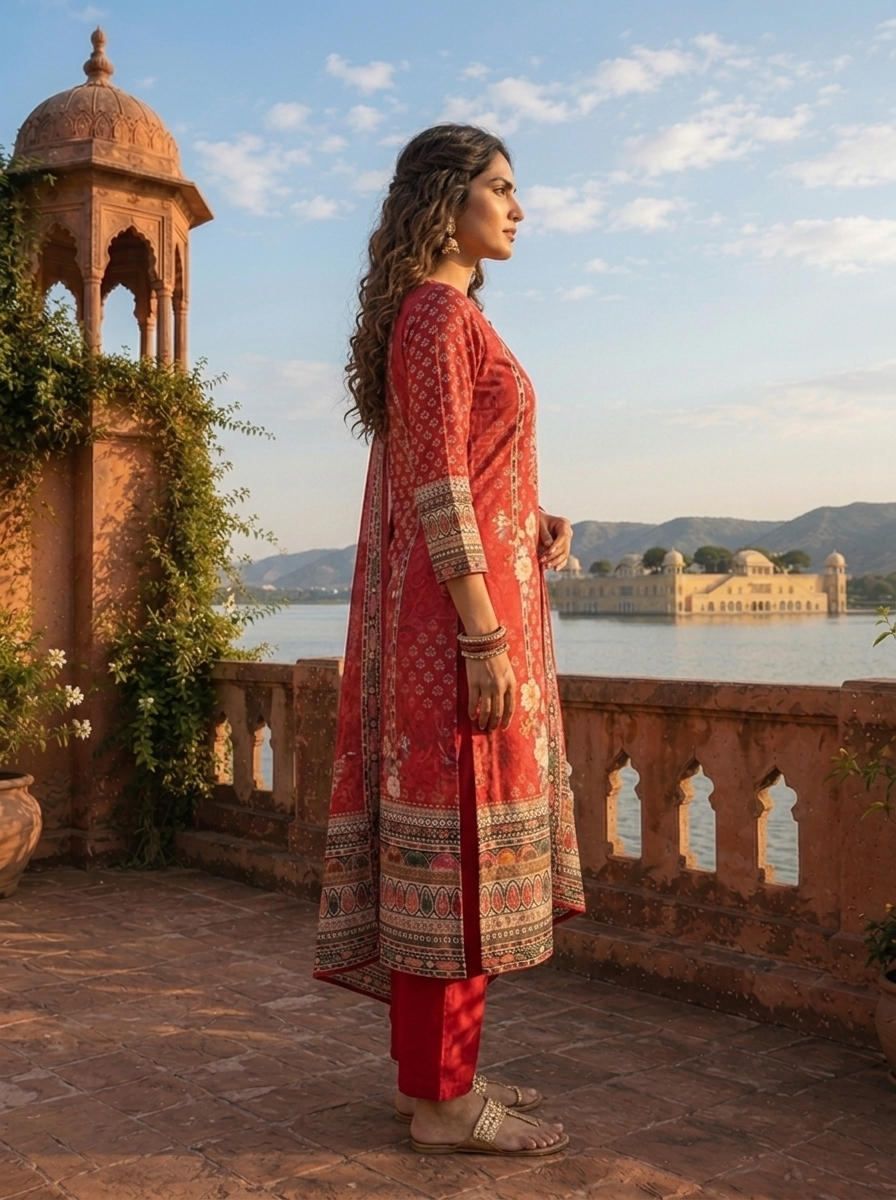 Maroon Silk Digital Ethnic Printed Three Piece Set
