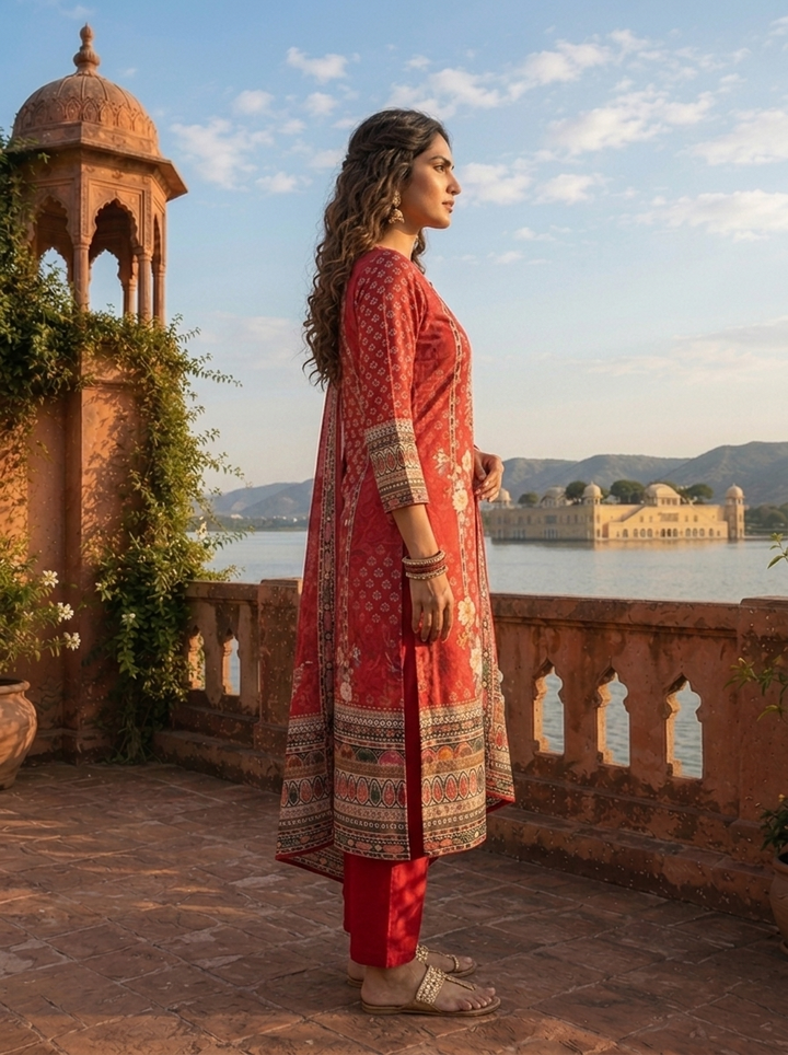 Maroon Silk Digital Ethnic Printed Three Piece Set