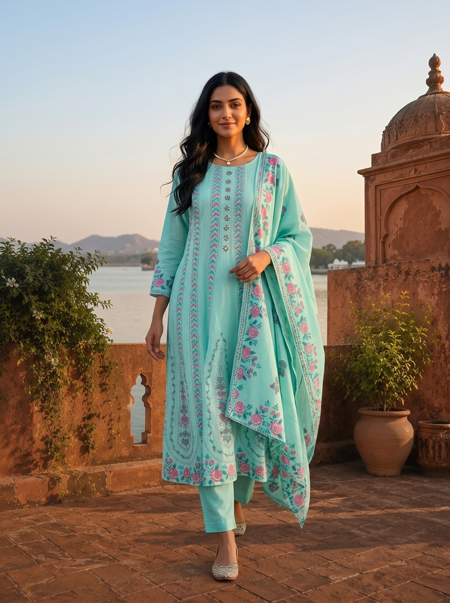 Sky Blue Cotton Arrow Panels Printed Three Piece Set