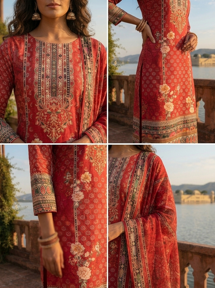 Maroon Silk Digital Ethnic Printed Three Piece Set