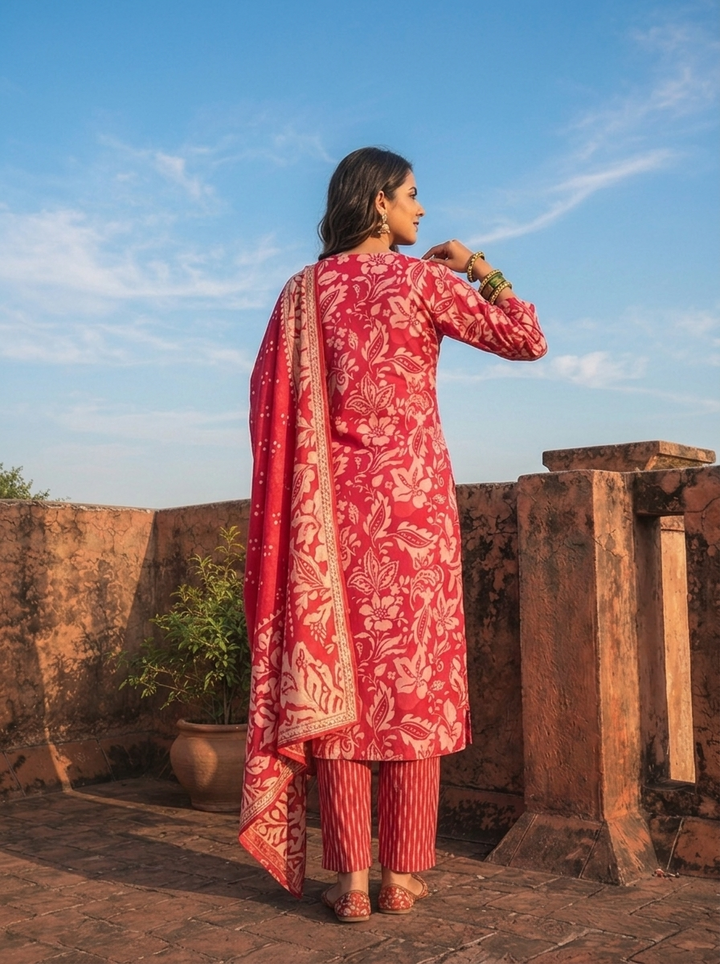 Magenta Silk Paisley Baroque Printed Three Piece Set
