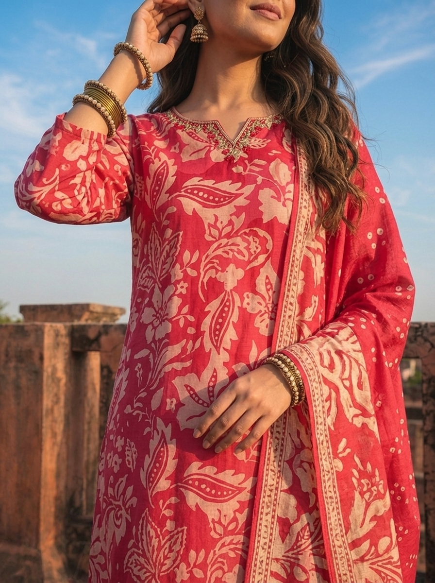 Magenta Silk Paisley Baroque Printed Three Piece Set
