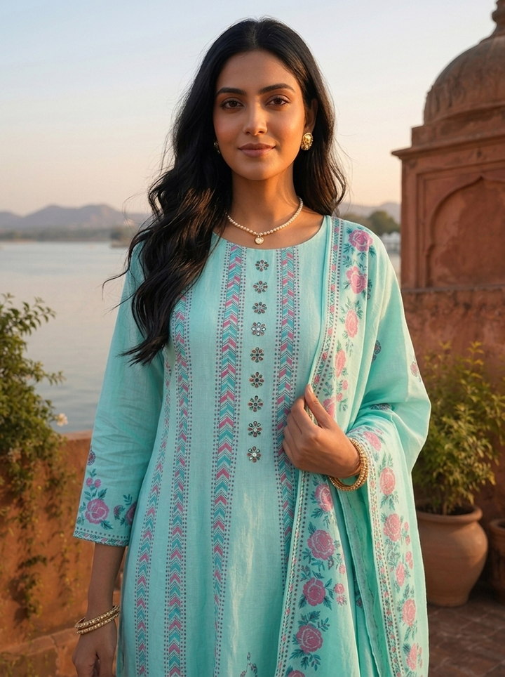 Sky Blue Cotton Arrow Panels Printed Three Piece Set