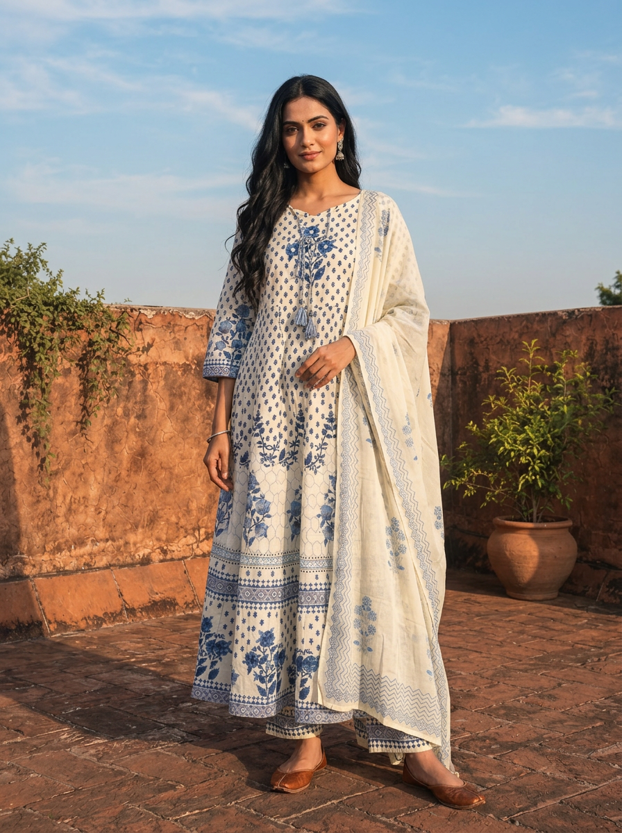 Blue Cotton Floral Block Printed Three Piece Set