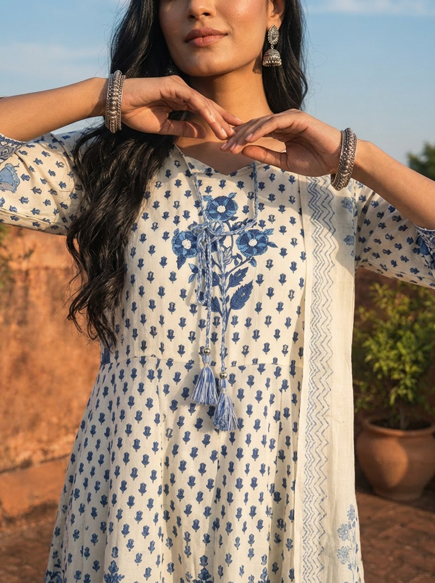 Blue Cotton Floral Block Printed Three Piece Set