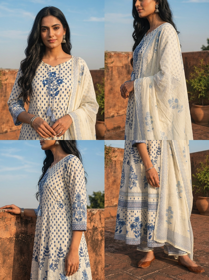 Blue Cotton Floral Block Printed Three Piece Set