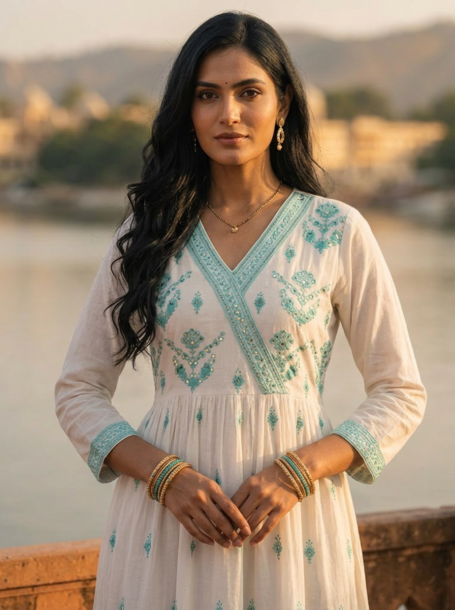 Sea Green Cotton Traditional Motifs Thread Embroidered Three Piece Set