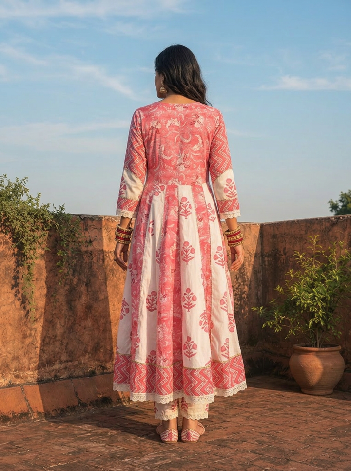 Pink Cotton Mixed Block Printed Three Piece Set