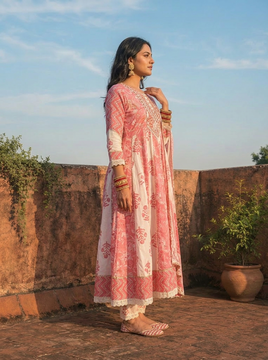 Pink Cotton Mixed Block Printed Three Piece Set