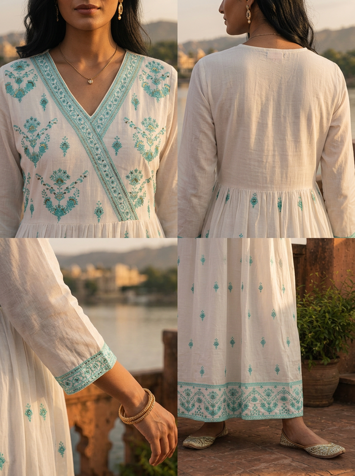 Sea Green Cotton Traditional Motifs Thread Embroidered Three Piece Set