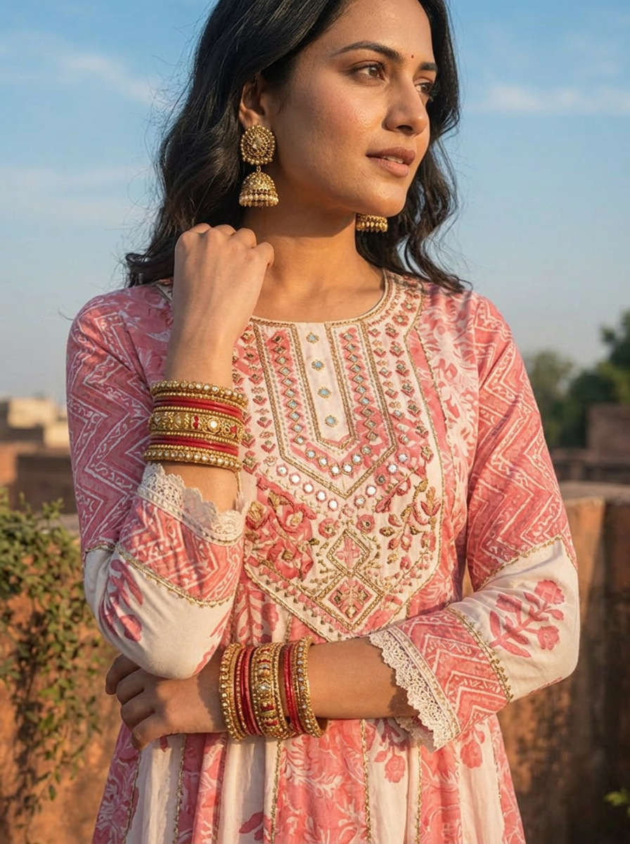 Pink Cotton Mixed Block Printed Three Piece Set