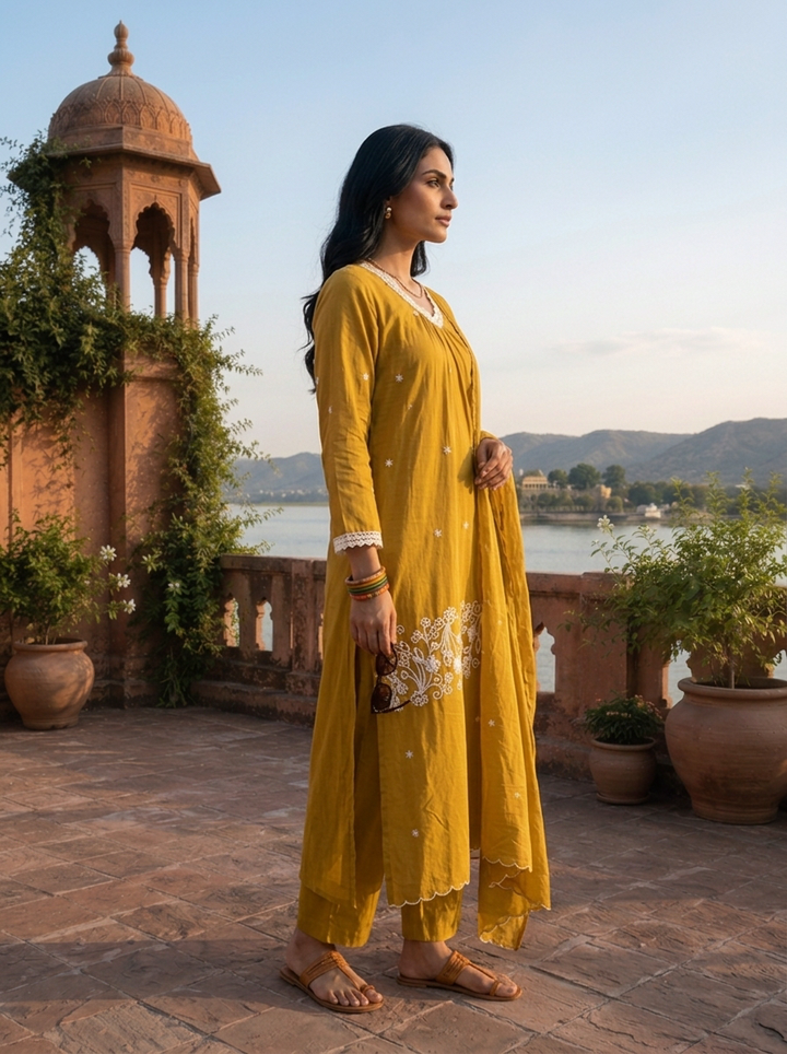 Mehadi Green Cotton Thread Floral Jaal Embroidered Three Piece Set