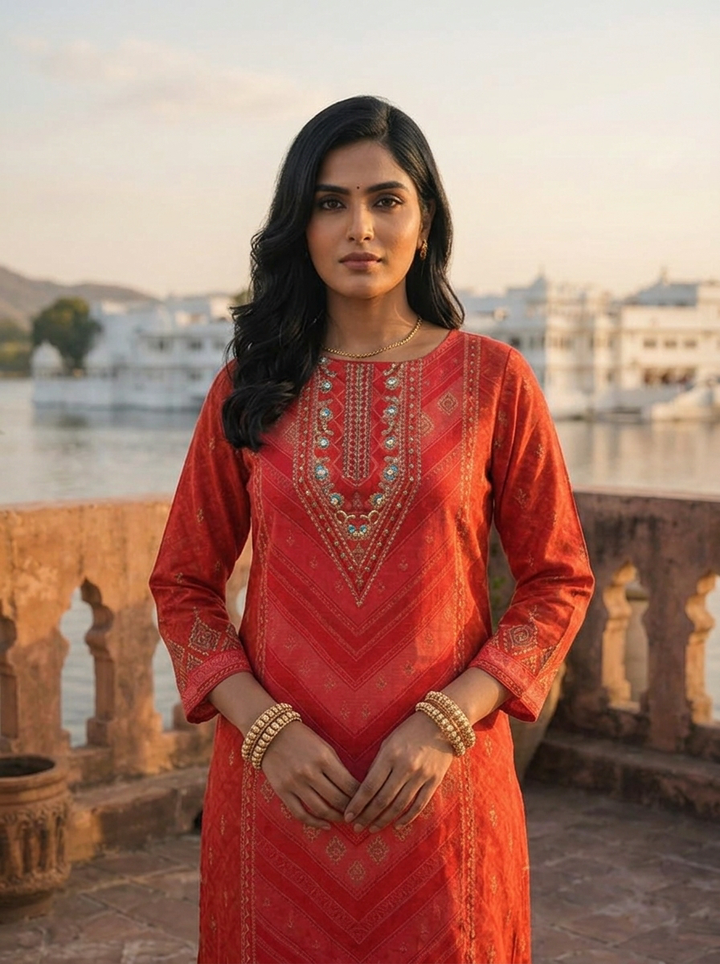 Red Crepe Zig-Zag Bandhani Printed Three Piece Set
