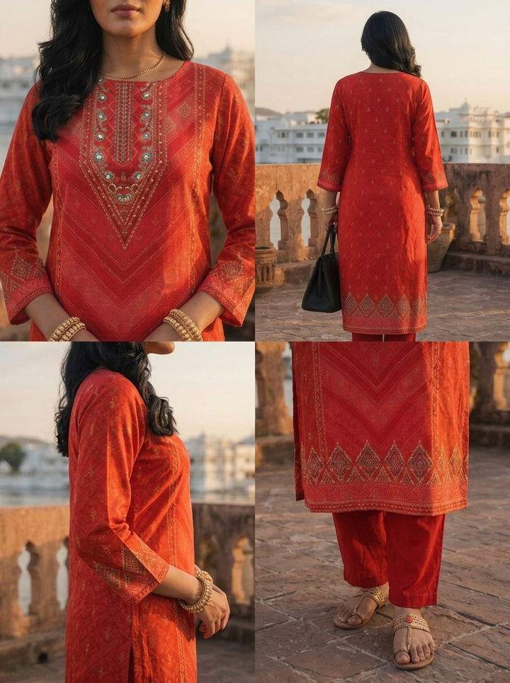 Red Crepe Zig-Zag Bandhani Printed Three Piece Set