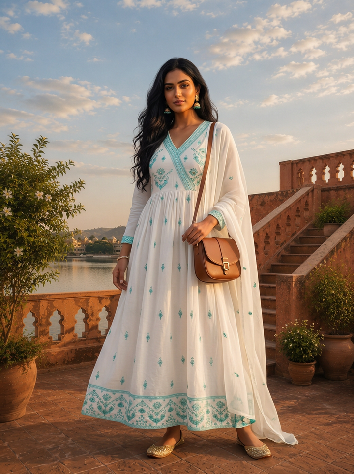Sea Green Cotton Traditional Motifs Thread Embroidered Three Piece Set