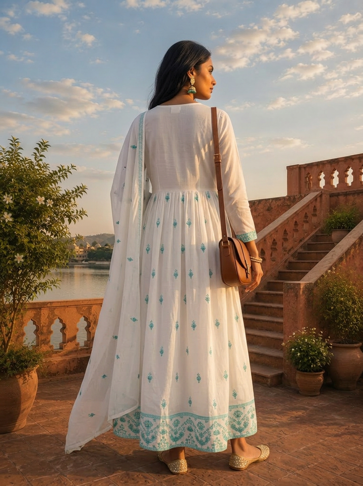 Sea Green Cotton Traditional Motifs Thread Embroidered Three Piece Set