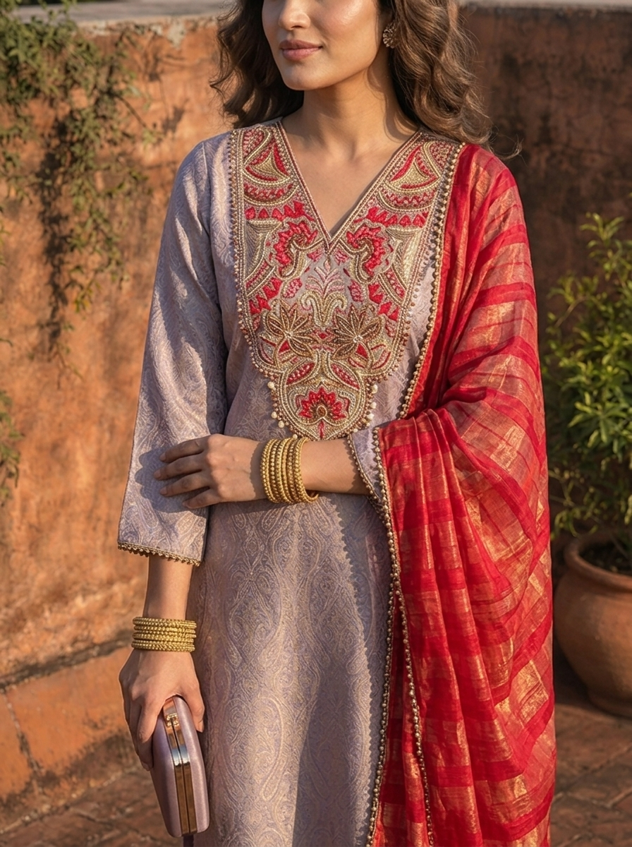 Lavender Silk Self Jacquard Embroidered Three Piece Set