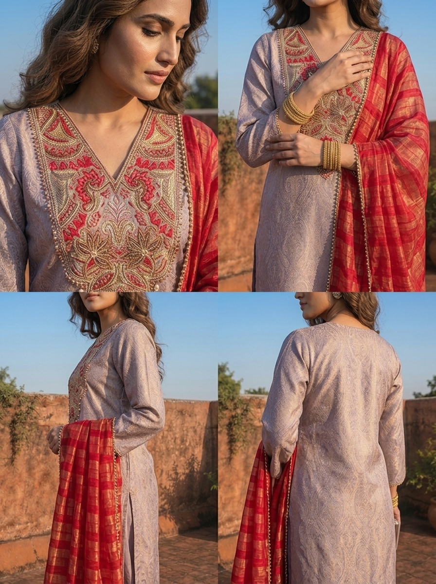 Lavender Silk Self Jacquard Embroidered Three Piece Set