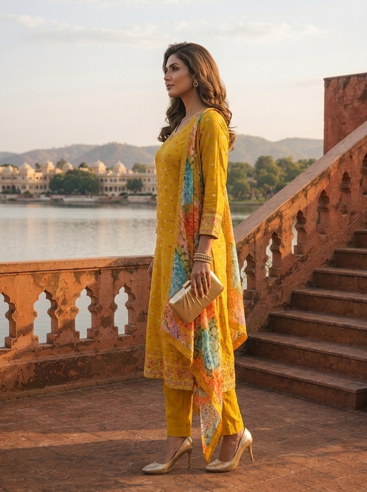 Mustard Silk Tiny Floral Butti Printed Three Piece Set