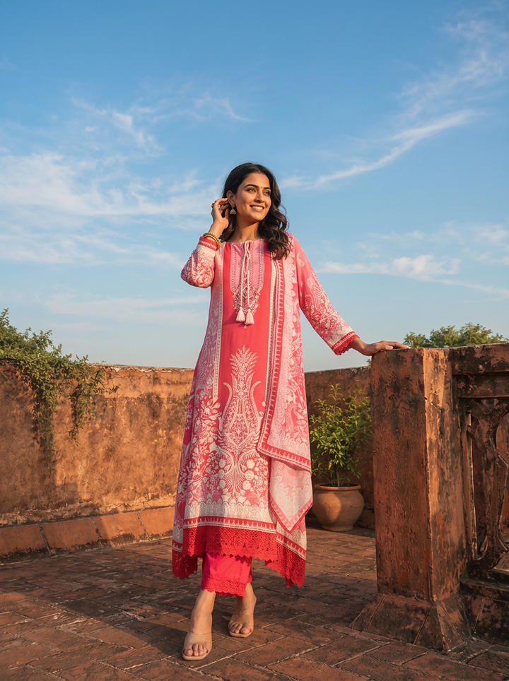 Rani Pink Rayon Baroque Jaal Printed With Crochet Lace Border Three Piece Set