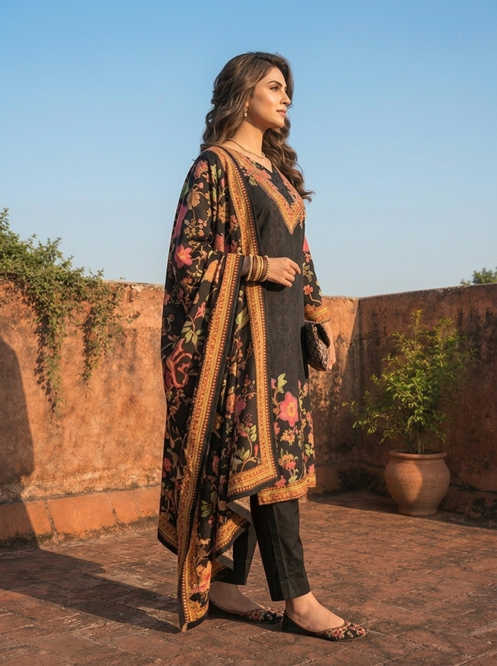 Black Crepe Subtle Self Floral Jacquard Printed Three Piece Set