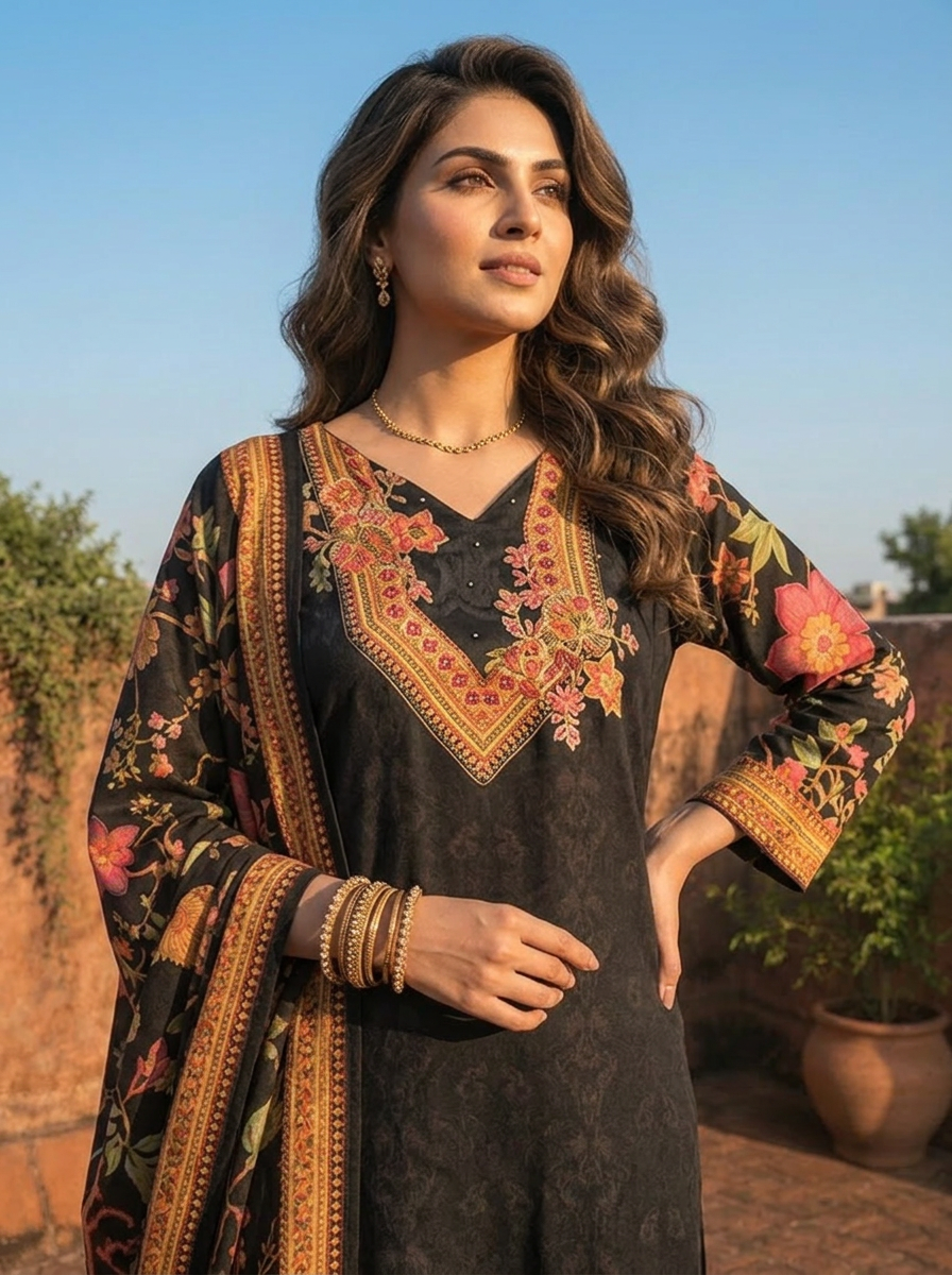 Black Crepe Subtle Self Floral Jacquard Printed Three Piece Set