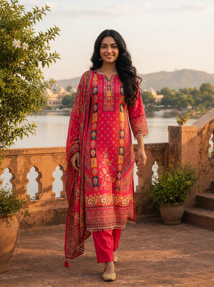 Rani Pink Crepe Parsi Jaal Printed Three Piece Set
