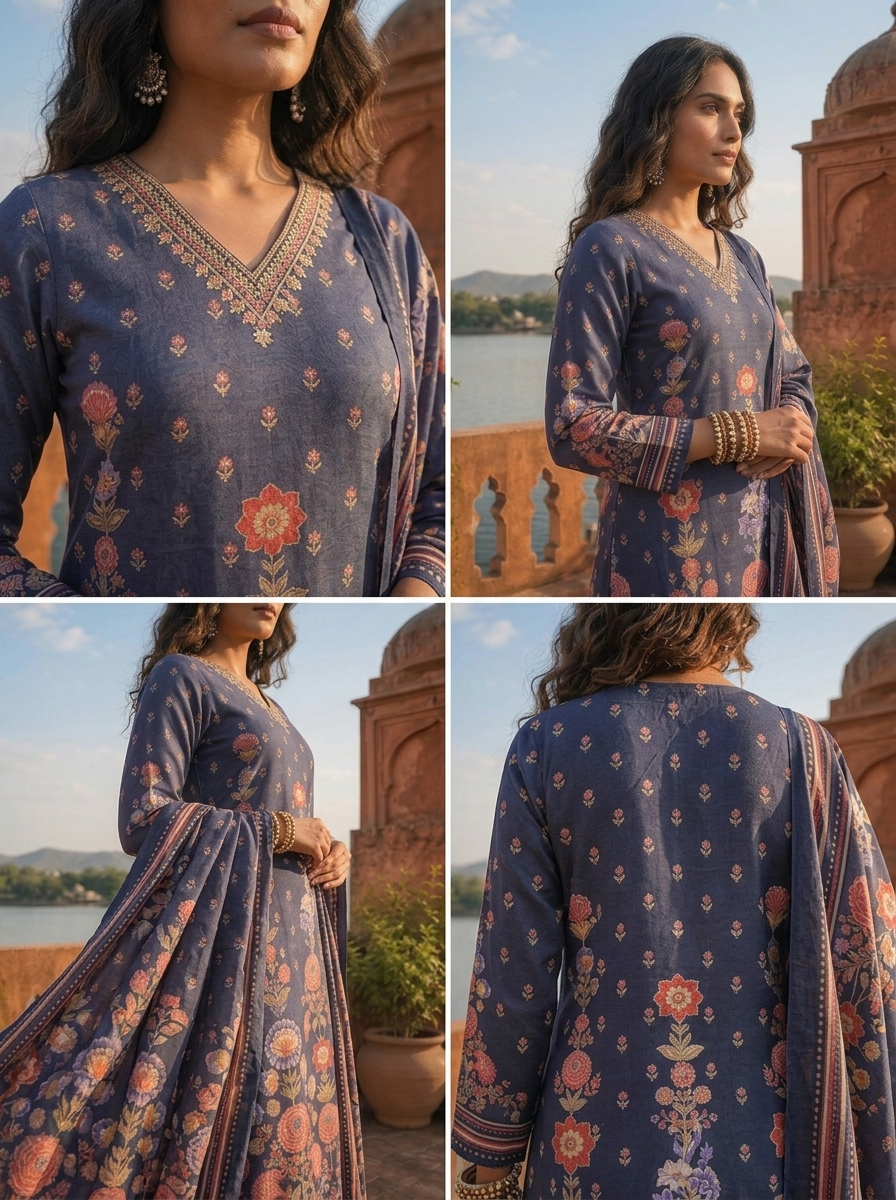 Navy Blue Cotton Vertical Floral Jaal Printed Three Piece Set