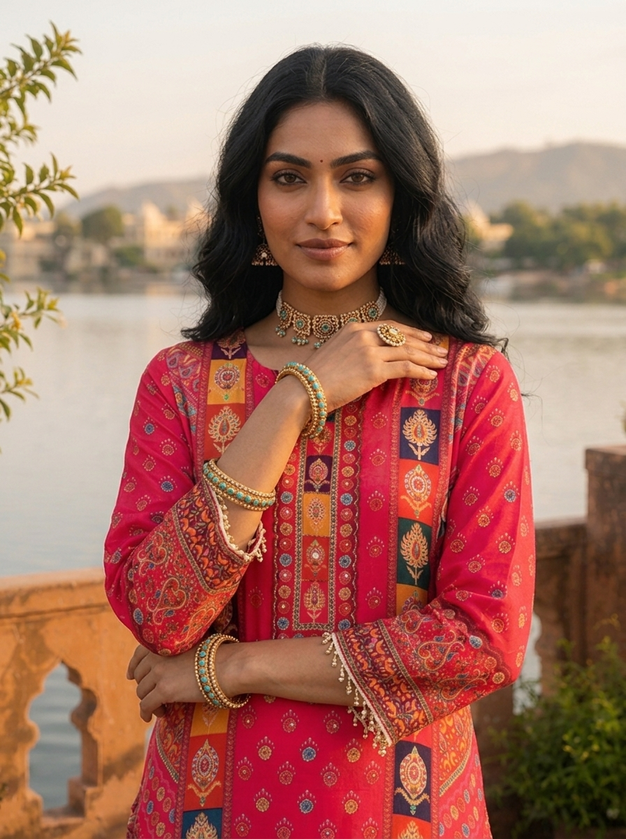 Rani Pink Crepe Parsi Jaal Printed Three Piece Set